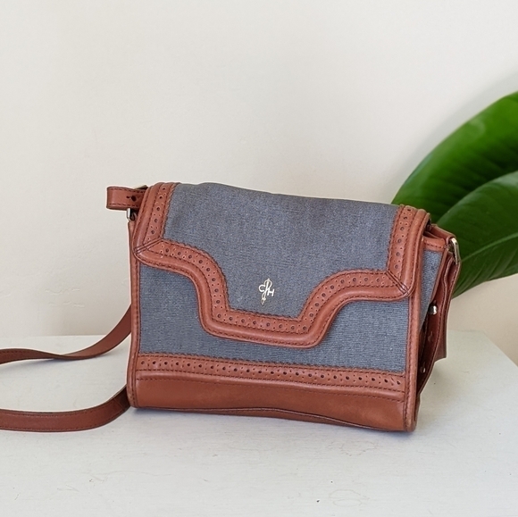 Cole Haan Tooled Leather Canvas Crossbody Purse Bag - Picture 1 of 8